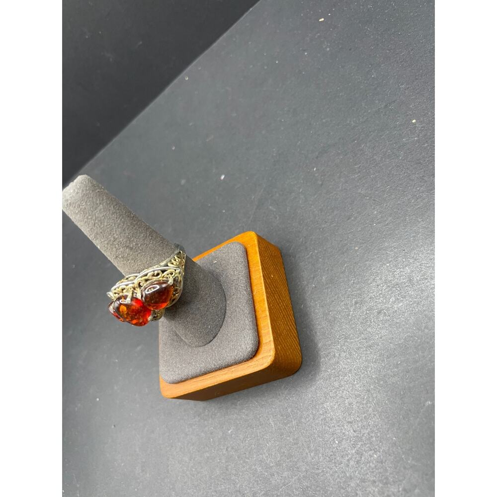 VTG STS 925 Sterling Silver Baltic Cognac Amber Filigree 3 Stone Ring Size 8.75 - Picture 2 of 7